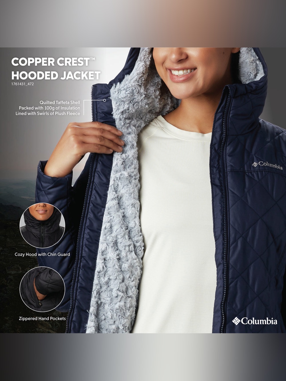 Columbia Copper Crest Hooded Jacket - Navy Size S Light Gray Faux Fur Lined
